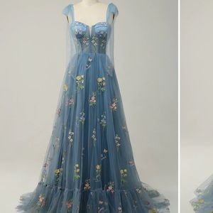 Blue embroidered tule prom dress with corset
